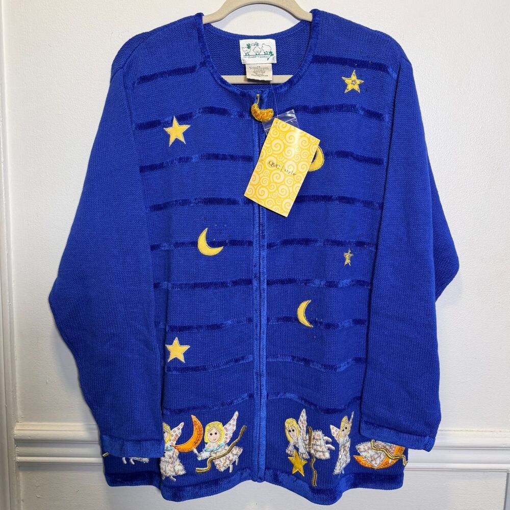NWT VTG Quacker Factory Women 1X Blue Zip Cardigan Embellished Angel Moon Stars